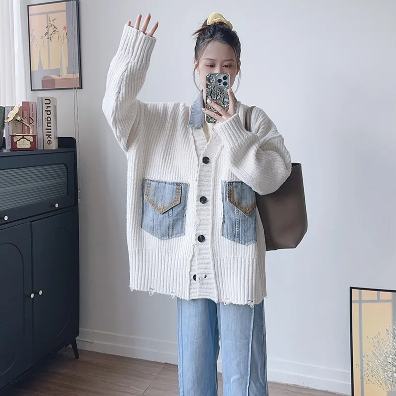 Coats Women Cardigan Sweaters Full Sleeve Jumpers Y2k Streetwear Elegant Splice Denim Open Stith Casual Loose Autumn Winter