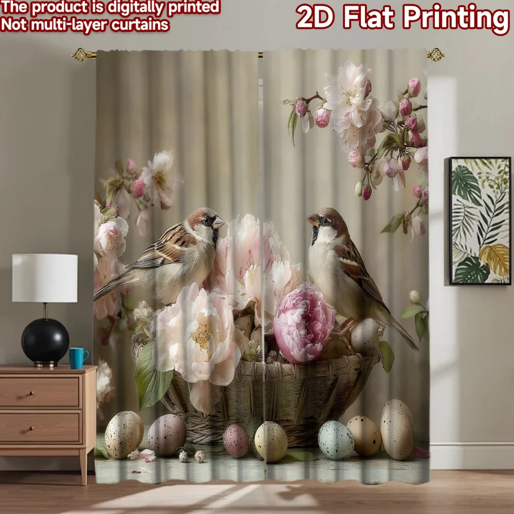 

2D flat printing 2pcs Curtain Easter Sparrows Peony Nest Digital Printed Polyester Drapes Seasonal Party & Holiday Decor Use for