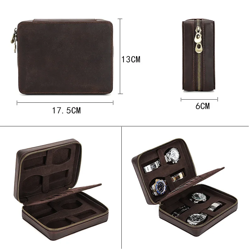 Retro Crazy Horse Leather Watch Box Handmade Rectangle Outdoor Travel Multi-Card Position Watch Storage Box