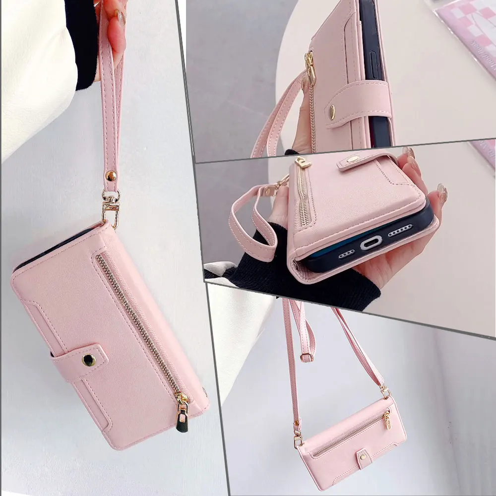 Long Lanyard Leather Zipper Wallet Phone Case for OPPO Reno 12 11F F25 A3 Pro A60 Crossbody Phone Bag Protective Cover Fundas