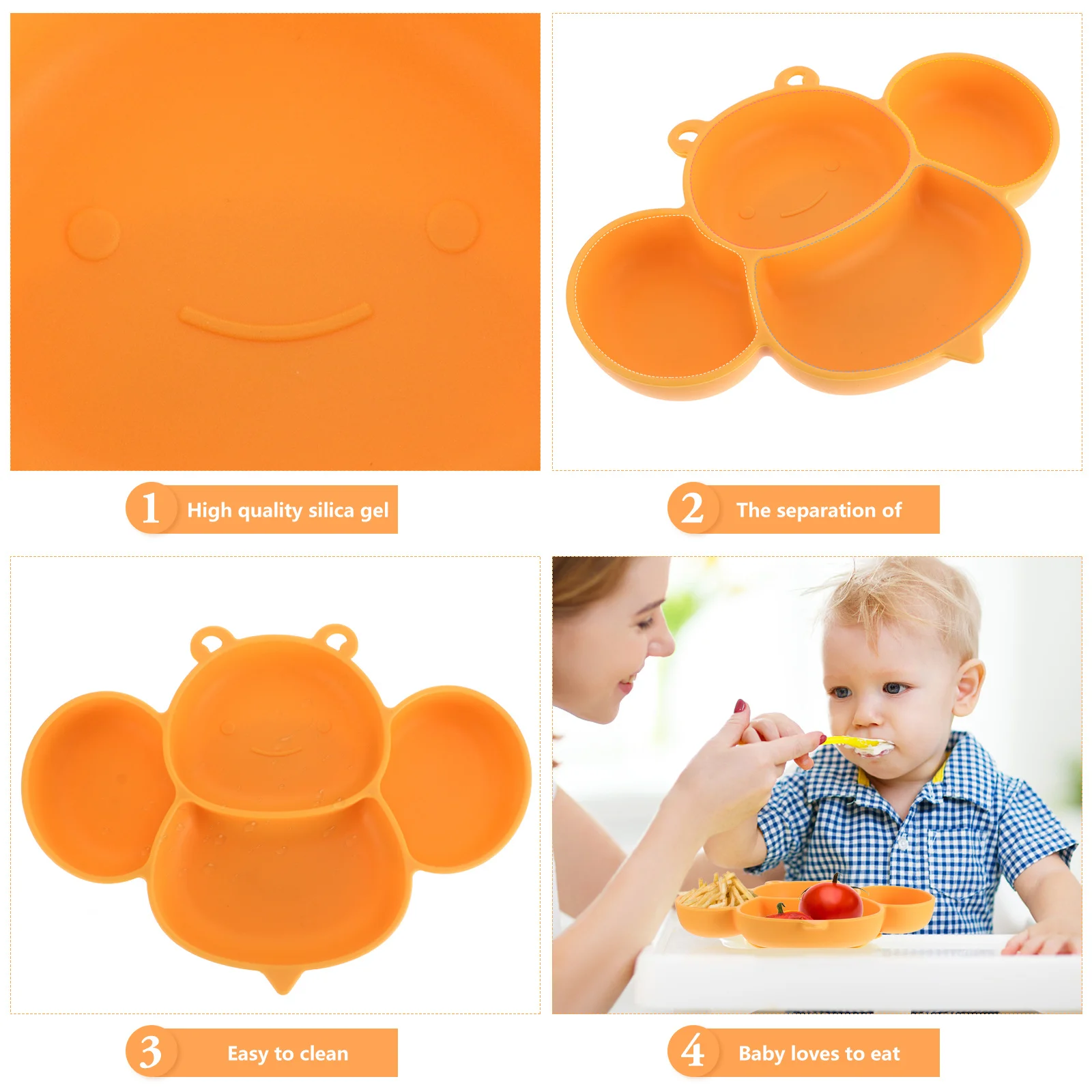 

Durable Silicone Suction Plate Cartoon Bee Compartment Plate Children Dish High Temperature Resistant Smooth Food Container