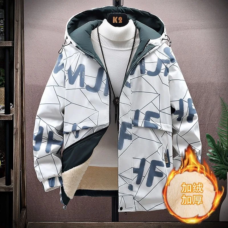 Autumn/Winter 2024 New Fashion Trend Printed and Fleece Thick Warm Coat Men's Casual Comfort Sports Large Size Hooded Jacket