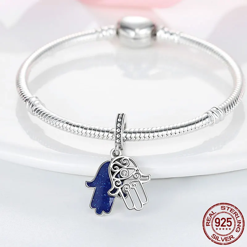 Hamsa Hand Pendant 925 Silver Lucky Fatima Hand Beads Charm fit Pandora Bracelet Necklace Original Silver 925 Jewelry