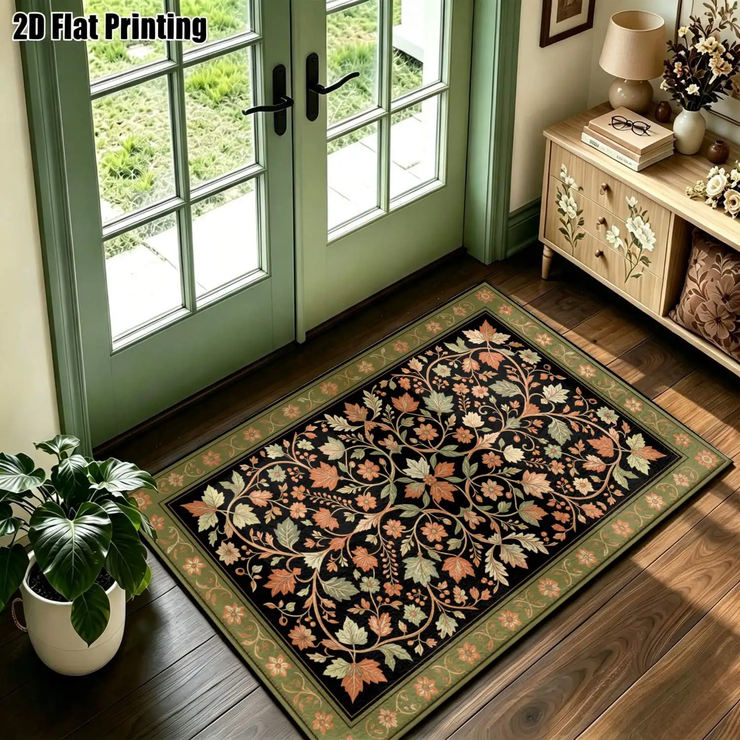 1Pc 2D Printed Retro Brown-Green Floral Leaf Carpet, European Style Home Decor Rug, Machine Washable, Multi-Size & Multi-Scene Use