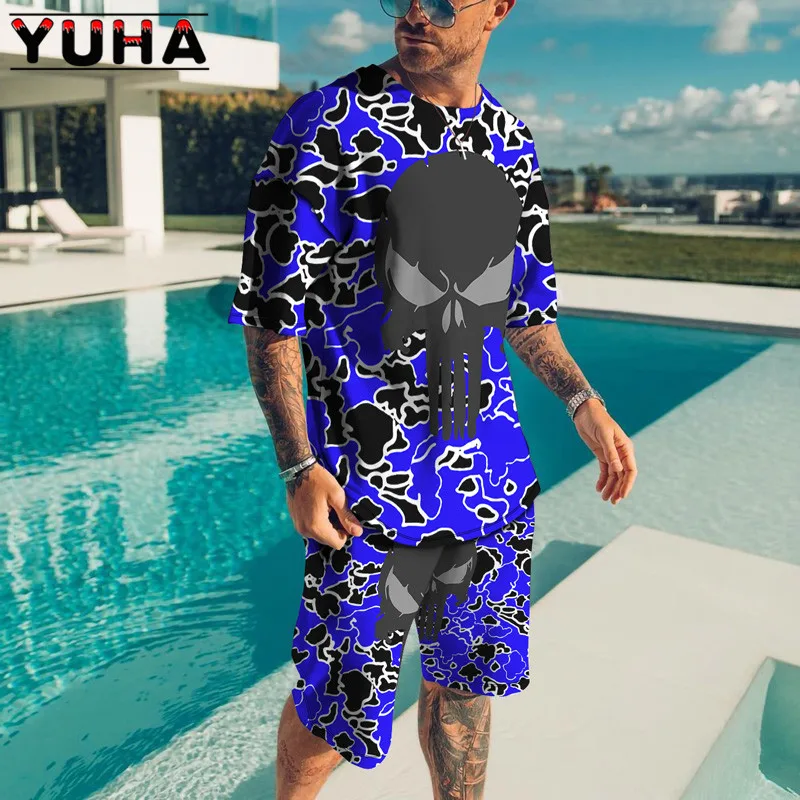 T Shirt Sets 3D Terrible skeleton Print YUHA,Summer Men\'s Clothing Casual Shorts Tracksuit Male 2 Piece Suit Newest Short Sleev
