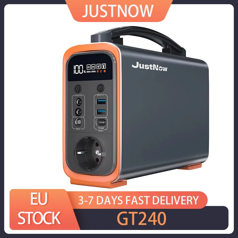 JustNow GT240 240W Portable Power Station, 240Wh LiFePO4 Battery Solar Generator, PD 60W Fast Charging, LED Light, 6 Outputs