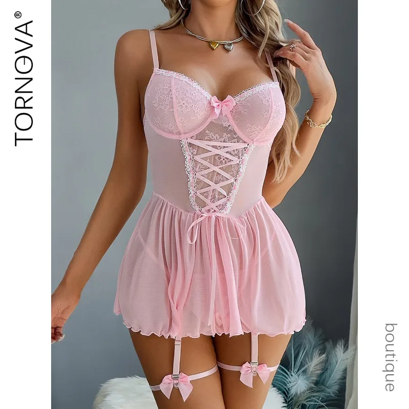 

Tornova Erotic Sleeping Skirt with Panty Straps Cross Bow Knot Decor Solid Color Gather Together Seductive Elegant Pajamas Set
