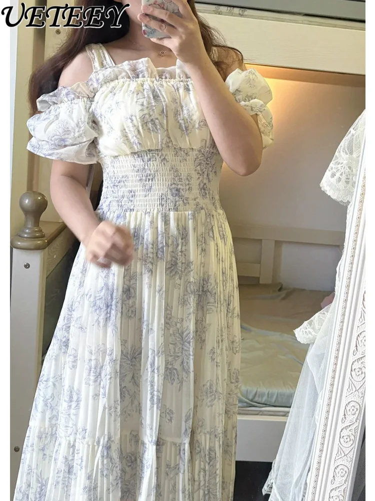 일본 달콤한 소녀 오프 숄더 프린트 서스펜더 드레스 하이 웨이스트 슬림 피팅 버블 반팔 플리츠 롱 드레스