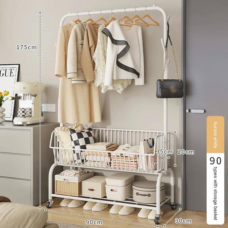 Iron Stand Floor Clothes Rack Bedroom Clothes Handger Removable Clothes Storage Shelf with Storage Basket Corner Coat Rack