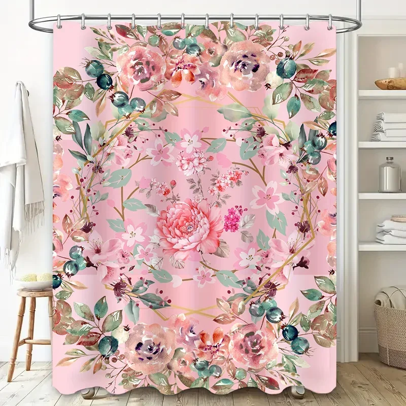 ~O~Delightful Pink Floral Bathroom Shower Curtain for Home Decor Lavender Green Flower Garden Design Waterproof Fabric Size 180c