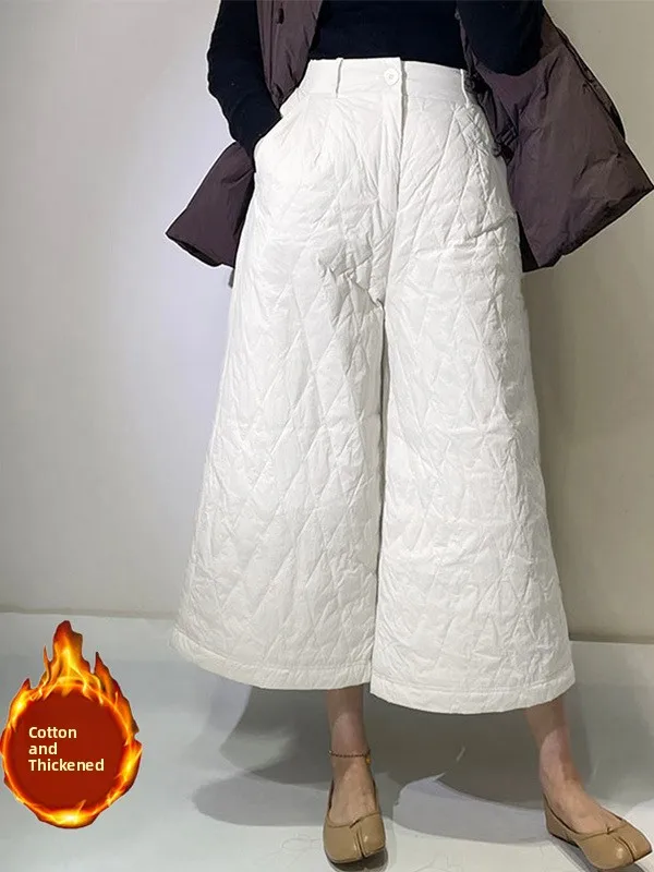 

Зимние утепленные женские хлопковые брюки с широкими штанинами, высокой талией, расклешенные, укороченные, стеганые, свободные, повседневные, модные, брендовые