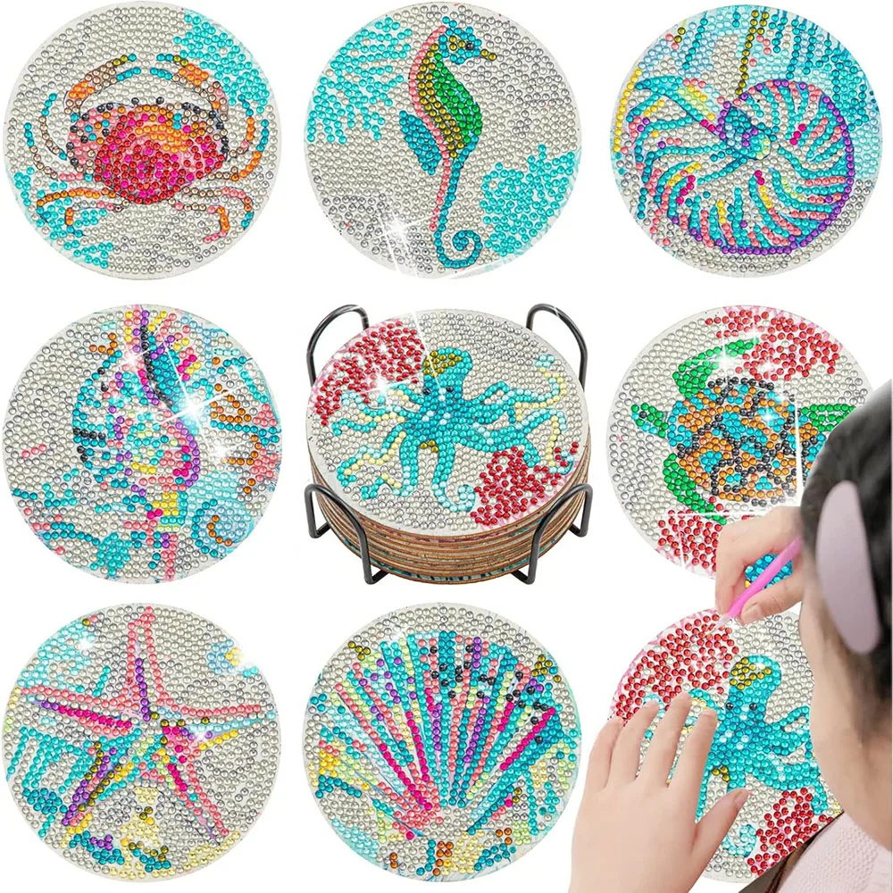 8PCS Ocean Series Diamond Painting Coaster Kit Rhinestones Table Placemat with Rack for Home Decor Kitchen Accessories