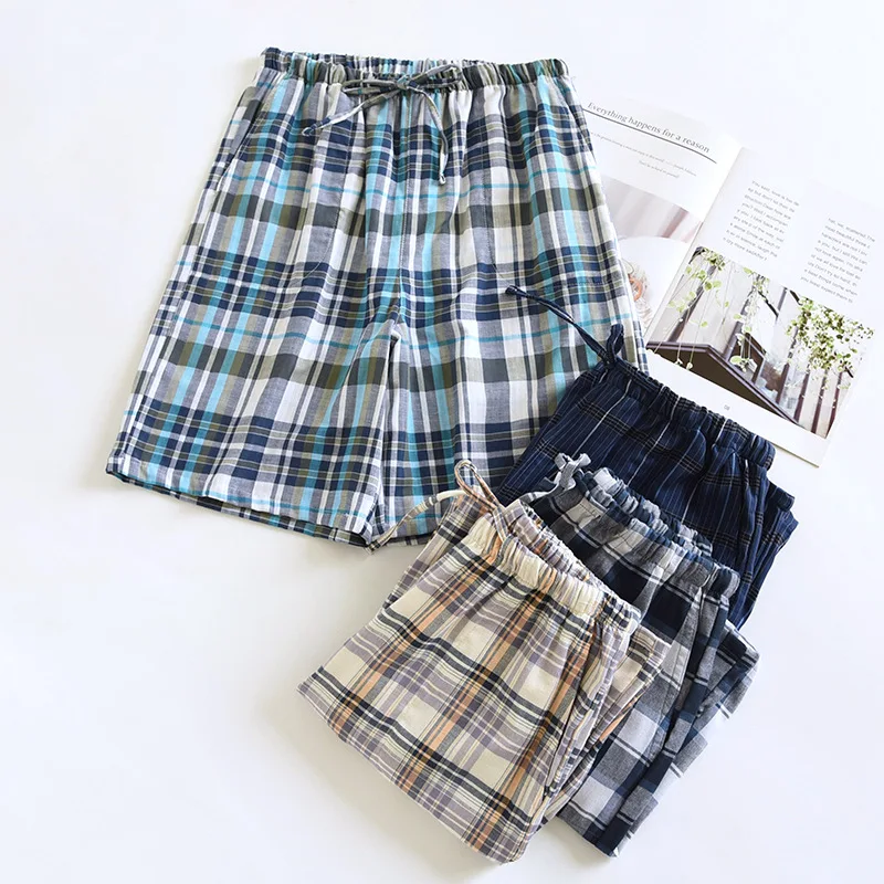 Summer Simple Striped plaid sleep shorts men and women Couple 100% cotton casual pajamas short pants sleep bottoms