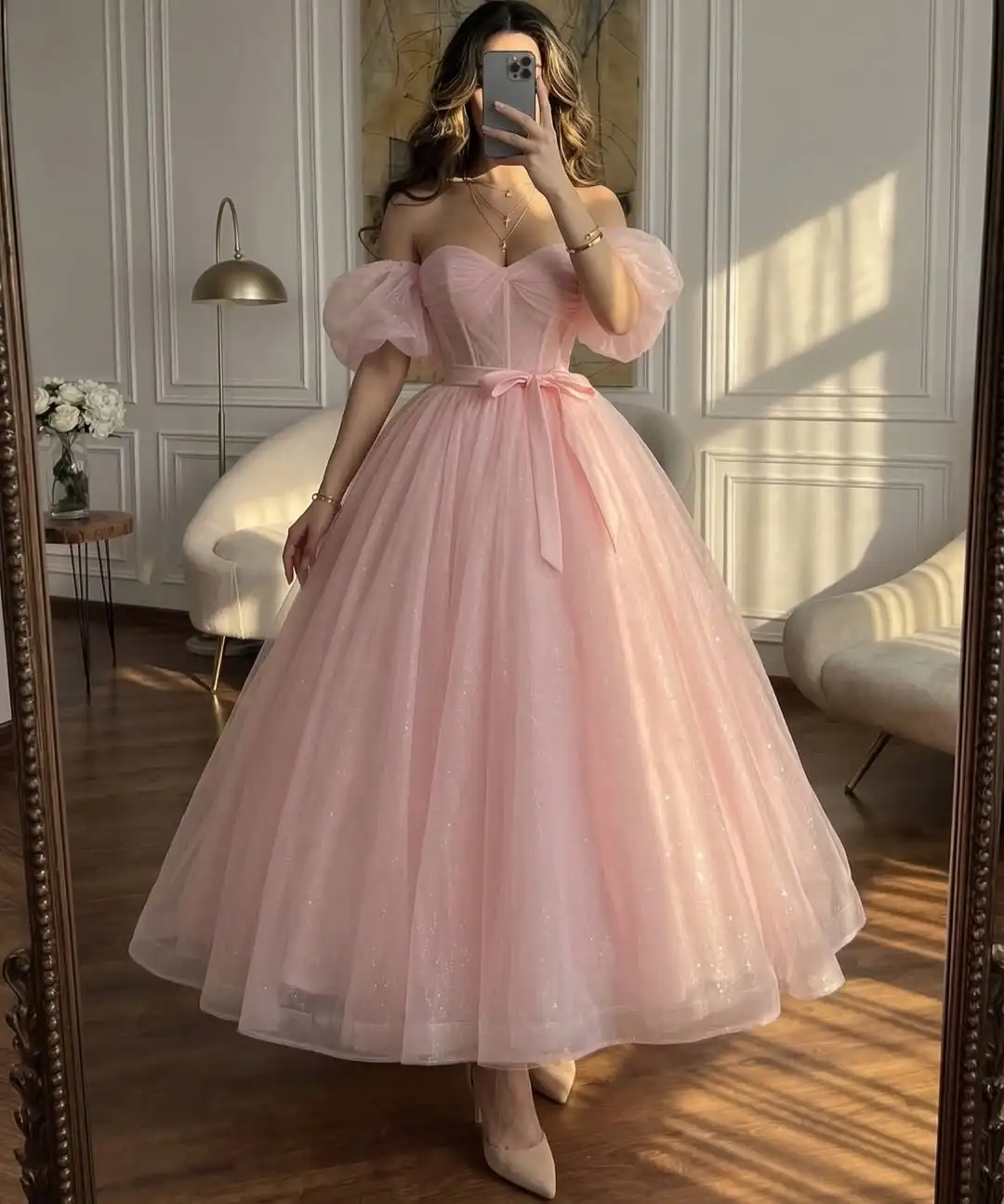 Pink A-Line Evening Dress V-Neck Satin Prom Gown