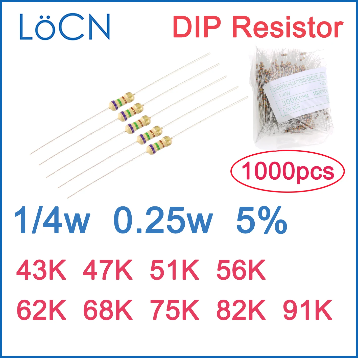 1000Pcs 5% 1/4W Car…