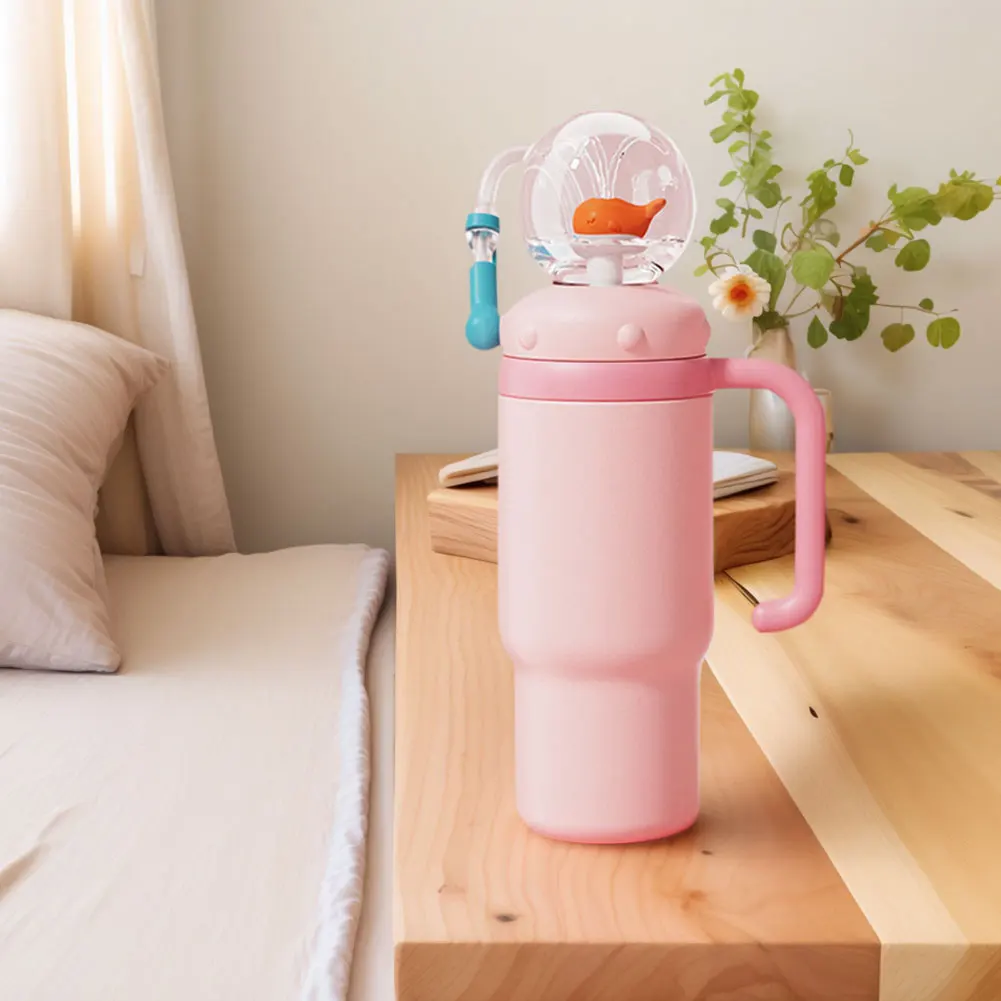 

Stainless Steel Whale Fountain Tumbler with Handle Drinking Cup Leak Proof Water Bottle with Straw Creative Gift