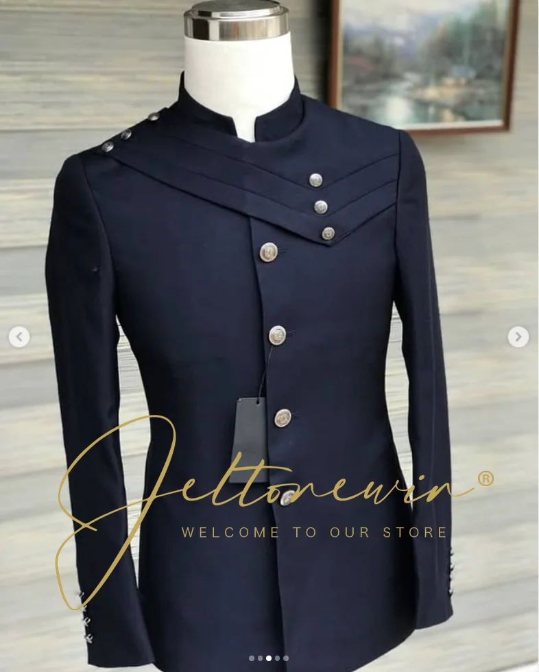 Men's Navy Blue Suit Set with Military Style Stand Collar and Crossed Flap Design Slim Fit Formal Wear for Wedding Groomsmen view 3