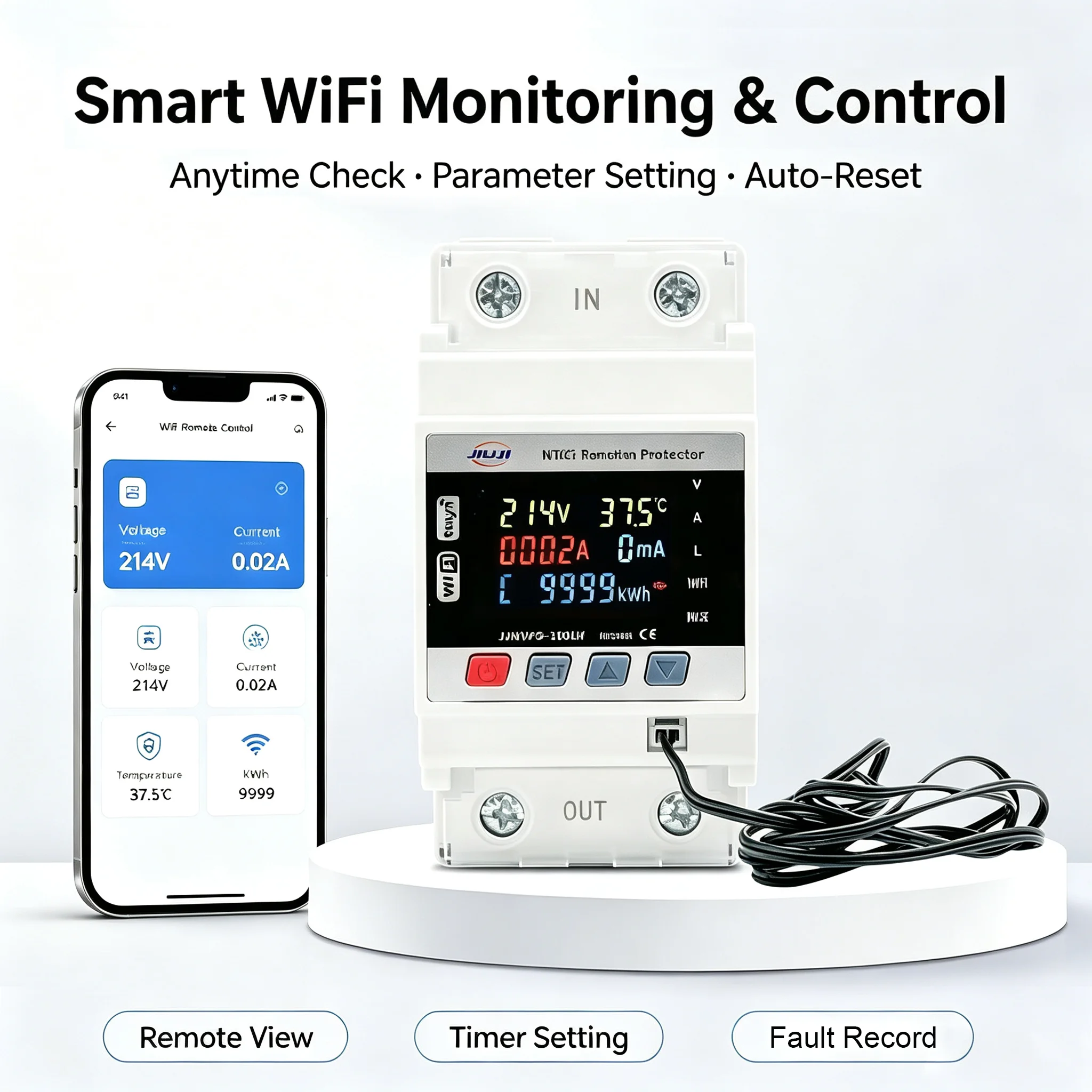 JIUJI JJMVPD‑100LW 100A WiFi DIN‑Rail Smart Protector AC140‑300V LCD KWh Over‑Temp Leakage Protection Auto‑Reset
