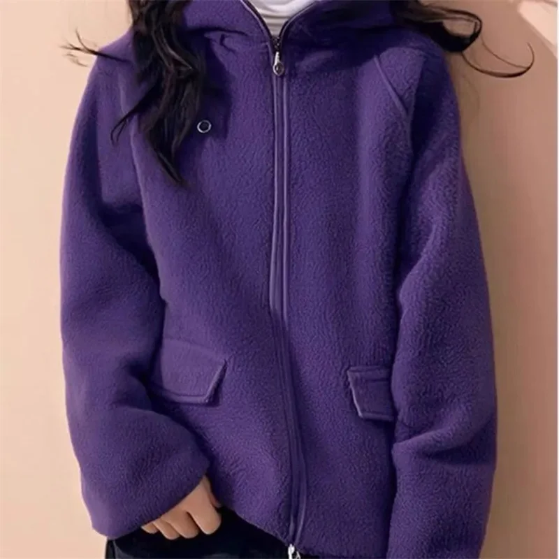 Nowa bluza z kapturem damska na wiosnę, jesień i zimę 2026, ekskluzywna fioletowa bluza z pluszu jagnięcego, luźna, ciepła, gruba kurtka z zamkiem błyskawicznym.