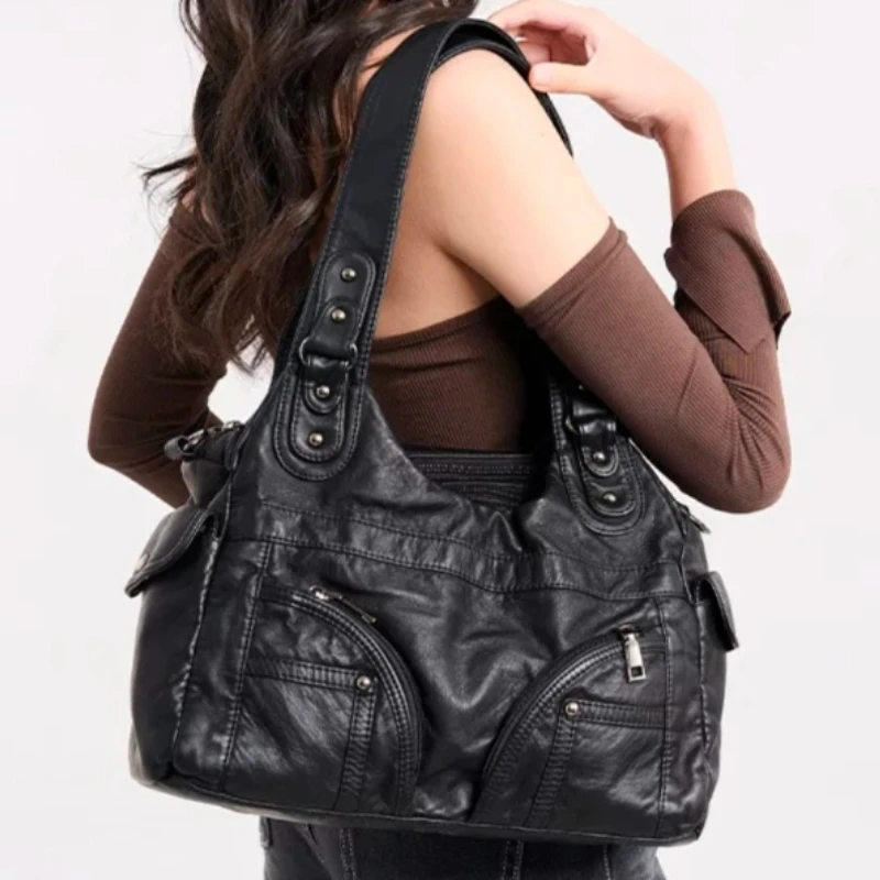 Korean Y2K Vintage Soft Leather Underarm Shoulder Tote Fashion High-End Large Capacity Multi-Pocket Crossbody Top Handle Handbag