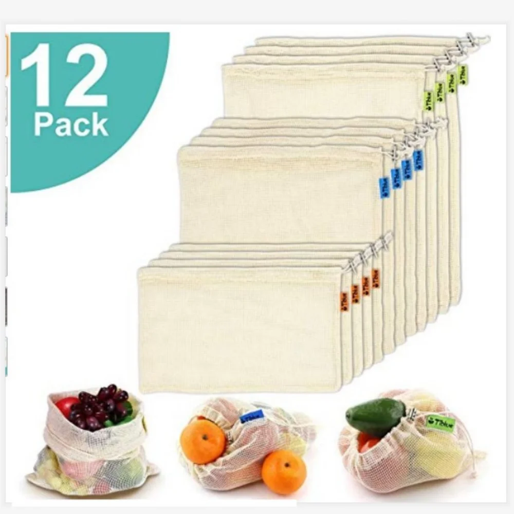 Reusable Cotton Mesh Produce Bags for Vegetable Fruit Food Kitchen Washable Grid Storage Bag Eco String bag Kitchen Organizer