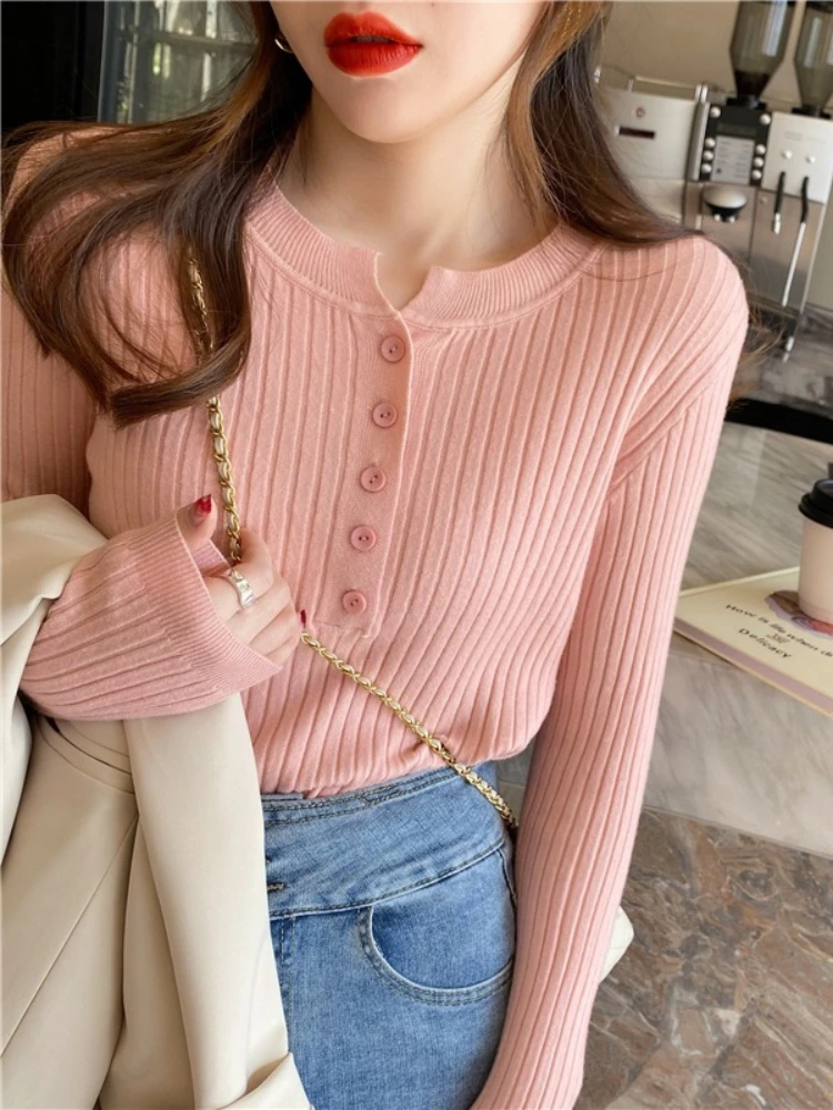 

2025 Autumn Winter Sweater Women Solid Versatile O-neck Knitted Pullover Female Long Sleeve Slim Elastic Button Stripes Jumper
