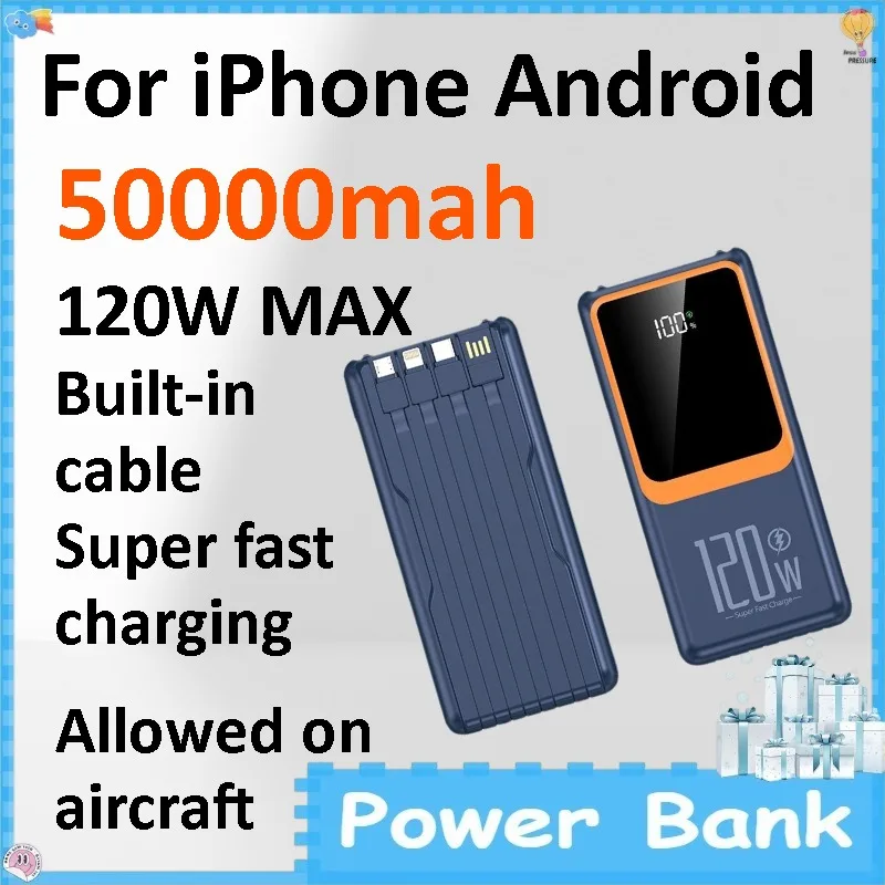 50000mAh Large Capacity Power bank 120W Quick Charge Built-in Wire Universal Mobile Phone Charger