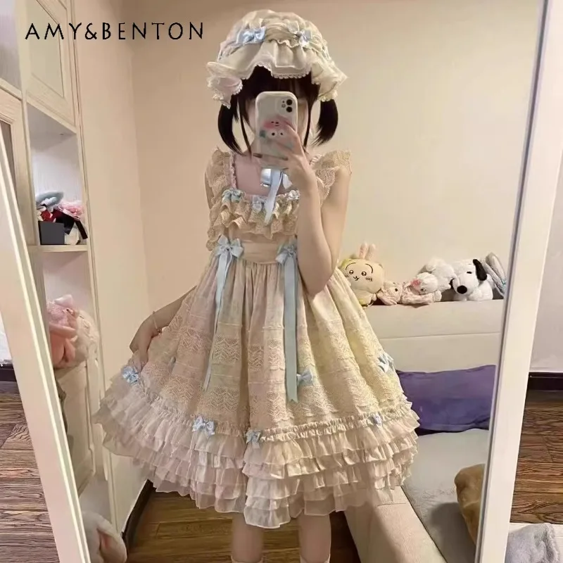

2025 Japanese Summer Semi-open Neck Solid Color Small Flying Sleeve Bow Decoration Waist Thin A-Line Fluffy Dress For Women