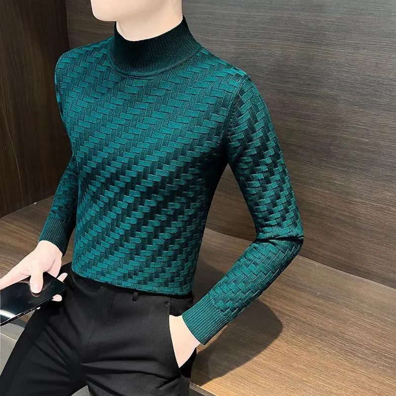 Smart Casual Autumn Winter Men Turtleneck Solid Jacquard Weave Warm Fashion Luxury Business Long Sleeve Pullovers Knitted Top