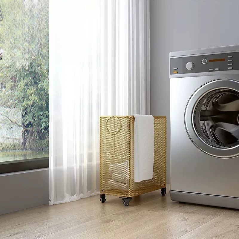Gold Narrow Laundry Basket Rolling Bin Large Trolley Metal Laundry Hamper Organization Wheel Cesto Para Ropa Sucia Accessories