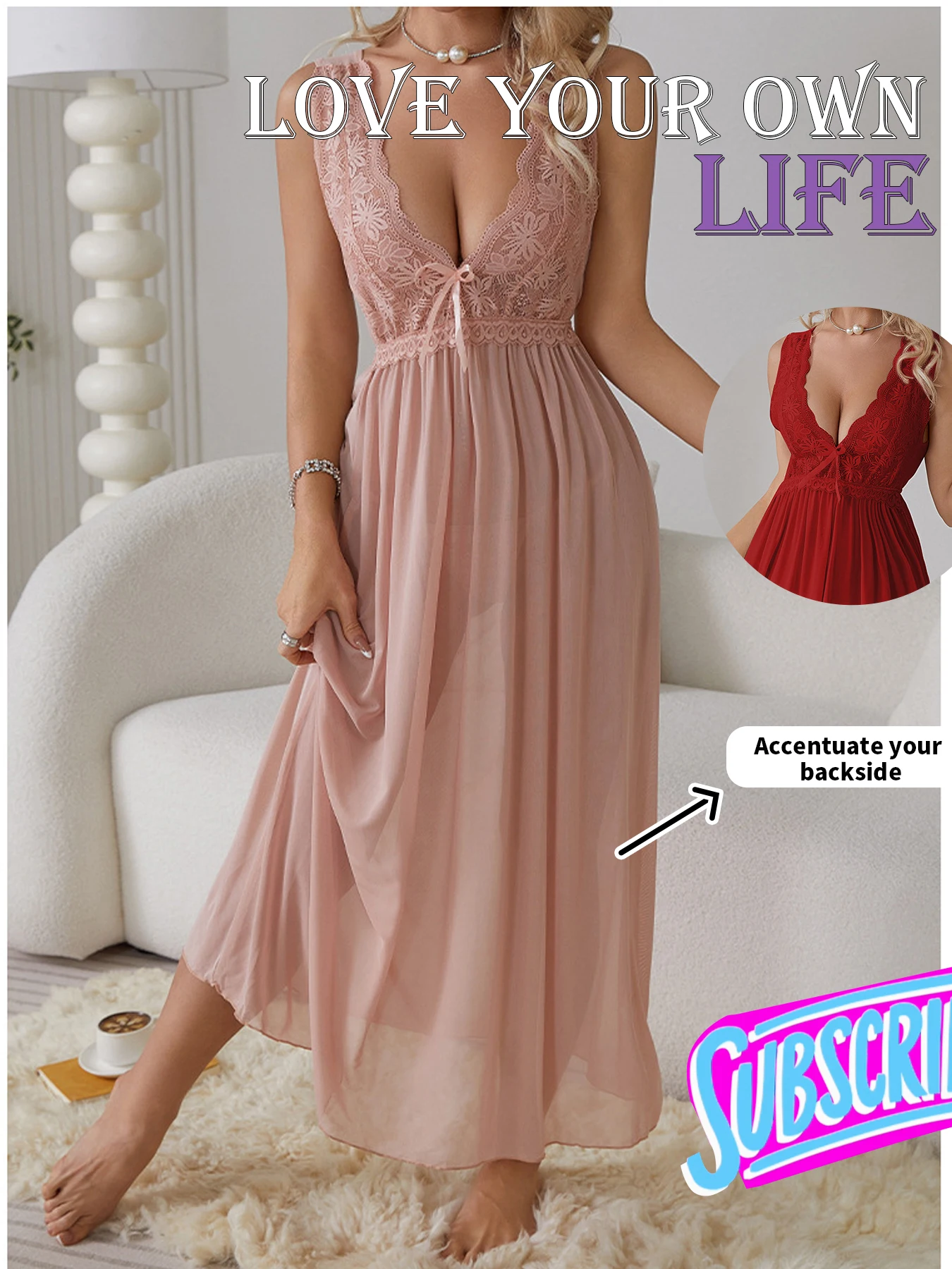 Conjunto de vestido de lencería Sexy para mujer, camisón largo con escote en V profundo y espalda descubierta, ropa de casa para todas las estaciones
