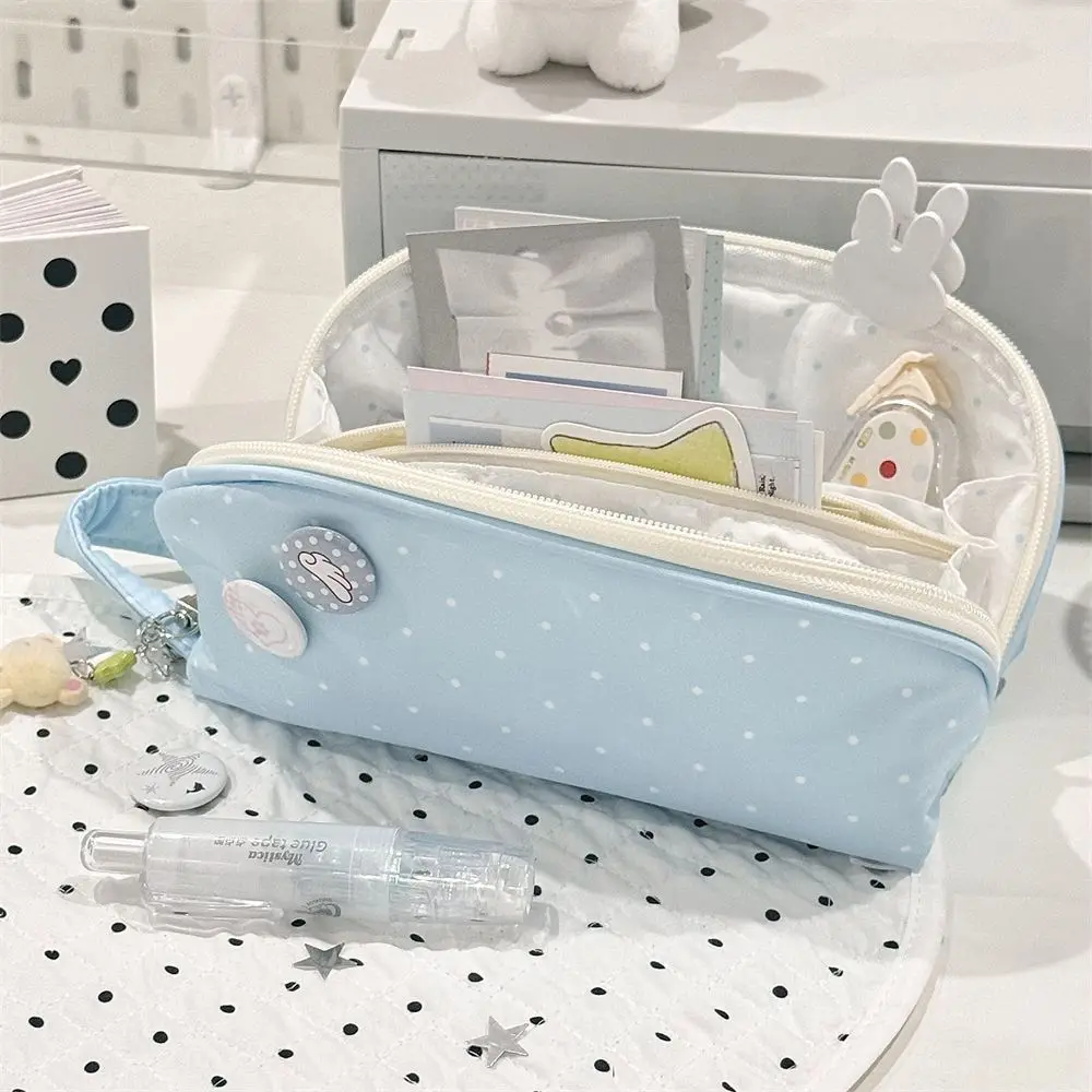 Aesthetic Blue Pencil Case Polka Dot Pattern Shell Shape Pen Bag Large Capacity with Handle Stationery Organizer Gift