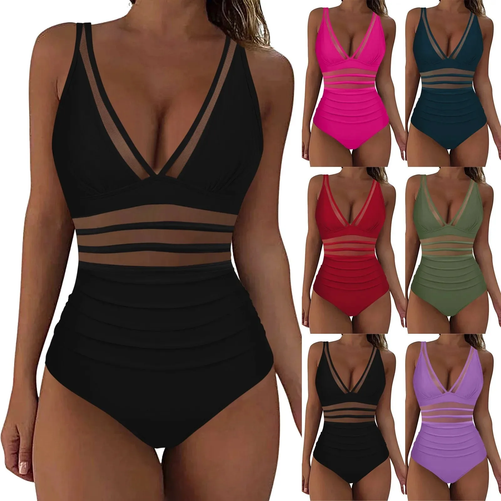 Solid One-Piece Swimsuit Women Deep V-Neck Removable Bra Plain Monokinis 2024 New Summer Beach Swimwear Swimsuit Female