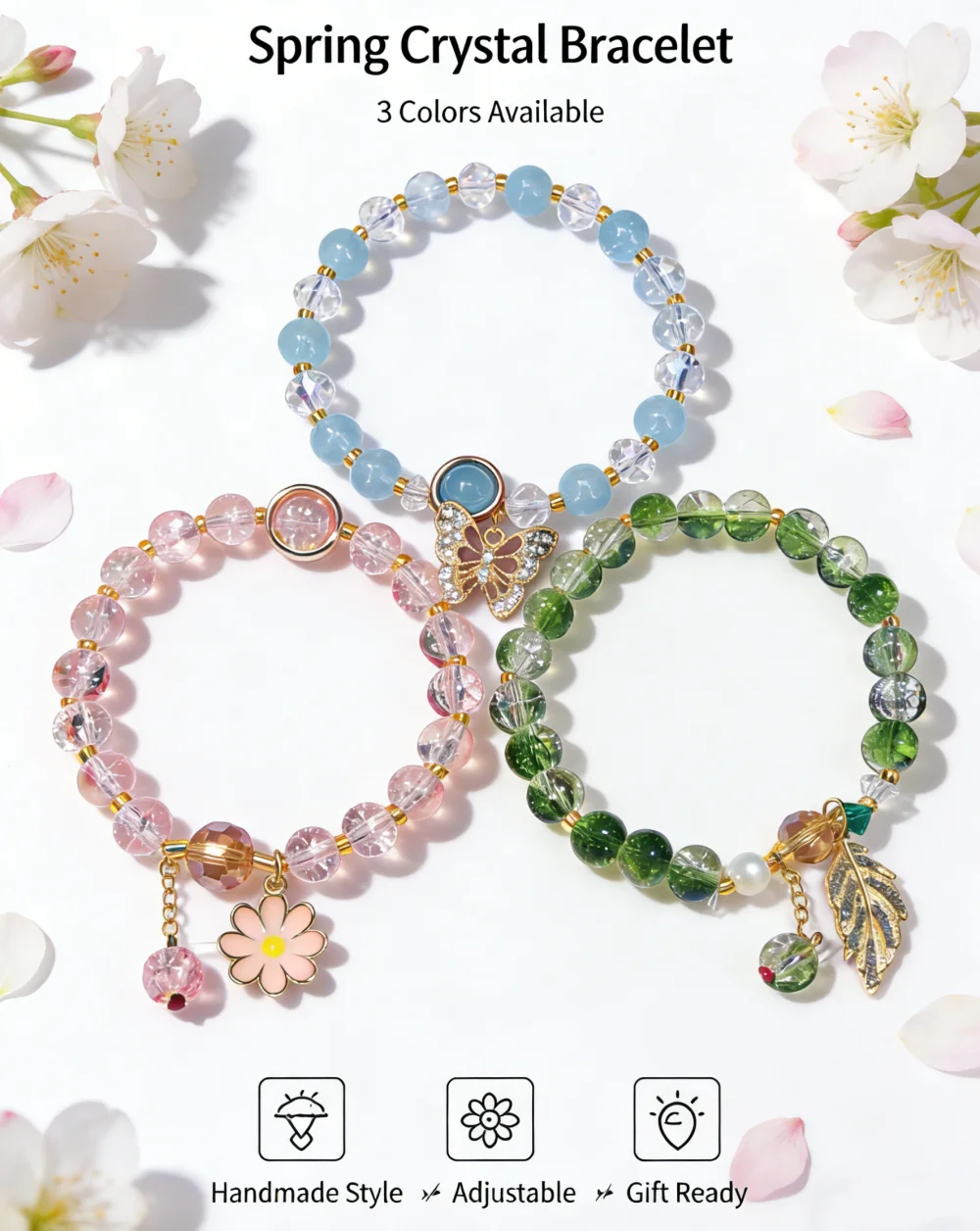 

Spring Crystal Bracelet Set for Women 3 Colors Pink Blue Green Floral Butterfly Charm Beaded Bracelets Cute Gift Jewelry