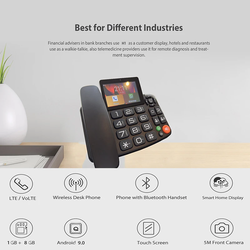 Hindetel Cordless Landline Phone Tablet Smart Android 9.0 Telephone 4 Inch Larger HD Screen Handset Cell Phone