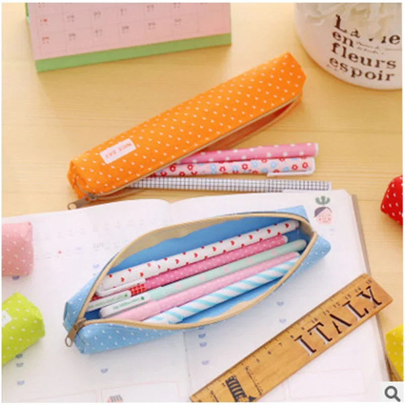 Cute Dots Pattern Pencil Bag Colorful Canvas Dots Pens Organizer Bag Zipper Pencil Case Pen Holder Pouch Portable