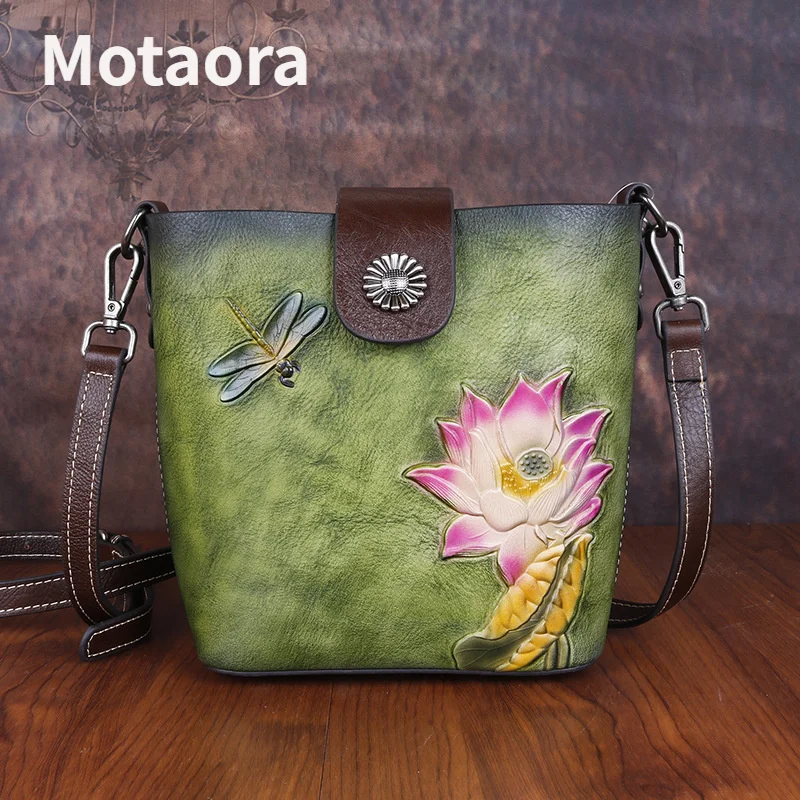 MOTAORA Genuine Leather Women Crossbody Bags Handmade Relief Floral Small Woman Shoulder Bucket Bag Purses And Phone Bags Luxury