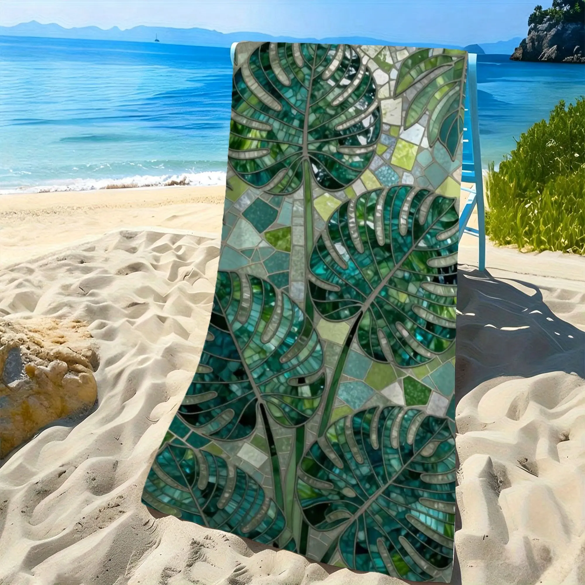 Mosaic Green Leaf Stained Glass Beach Towel Artistic Summer Bath Wrap Creative Home Decor
