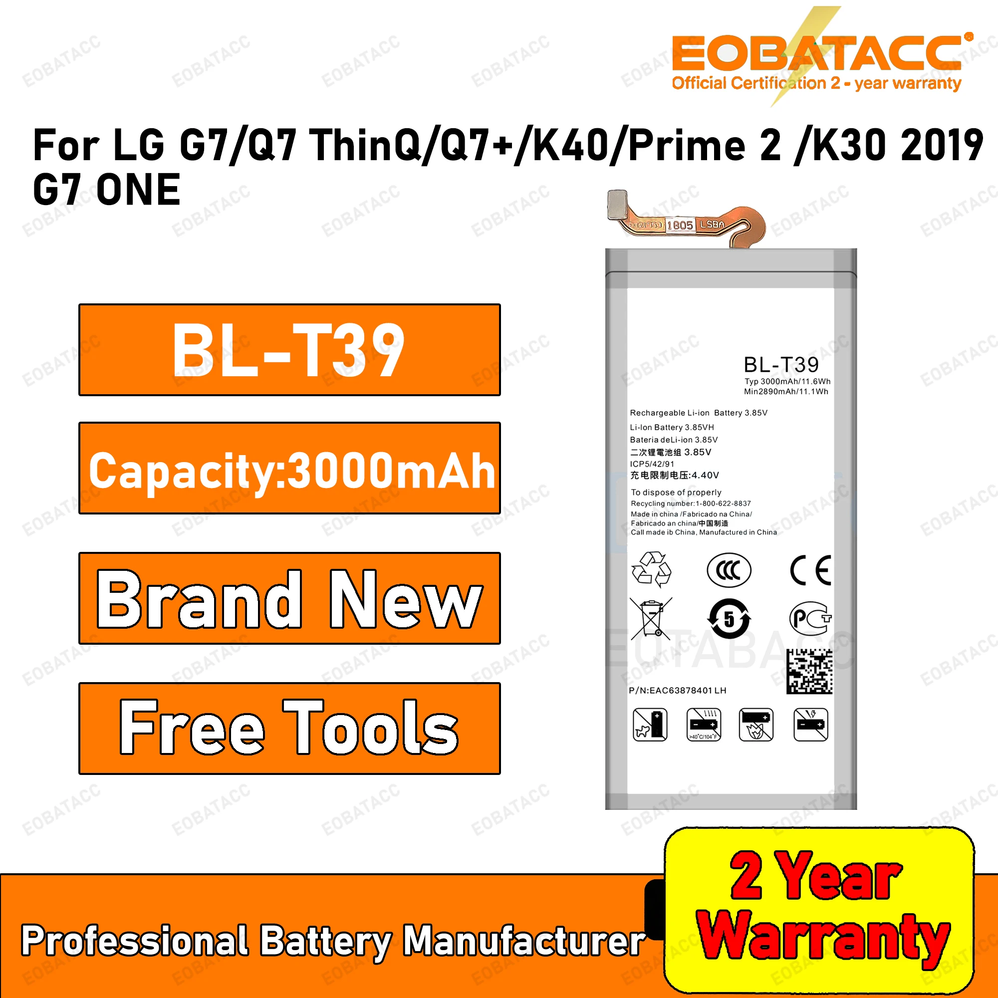2026 Years EOBATACC 100% New BL-T39  Battery For LG  G7/Q7 /ThinQ G710 Q7 /Prime 2 /K30 2019 Batteries+Free Tools
