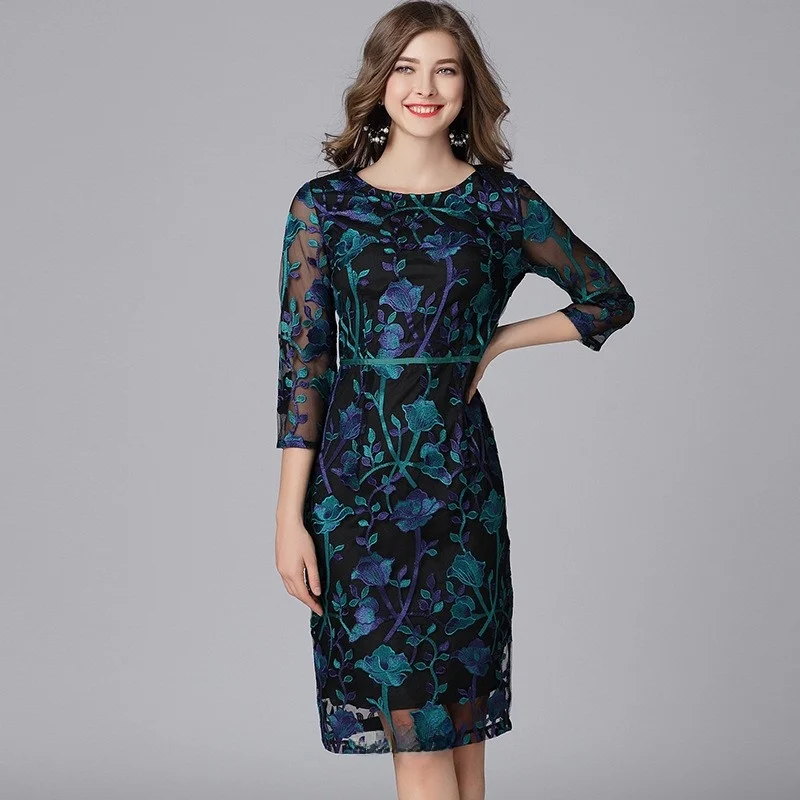 plus Size Embroidered Me Dr Casual Ele Sle Spring Autumn New Arrival Slimming Leisure Skirt Polyester Fiber Long D...