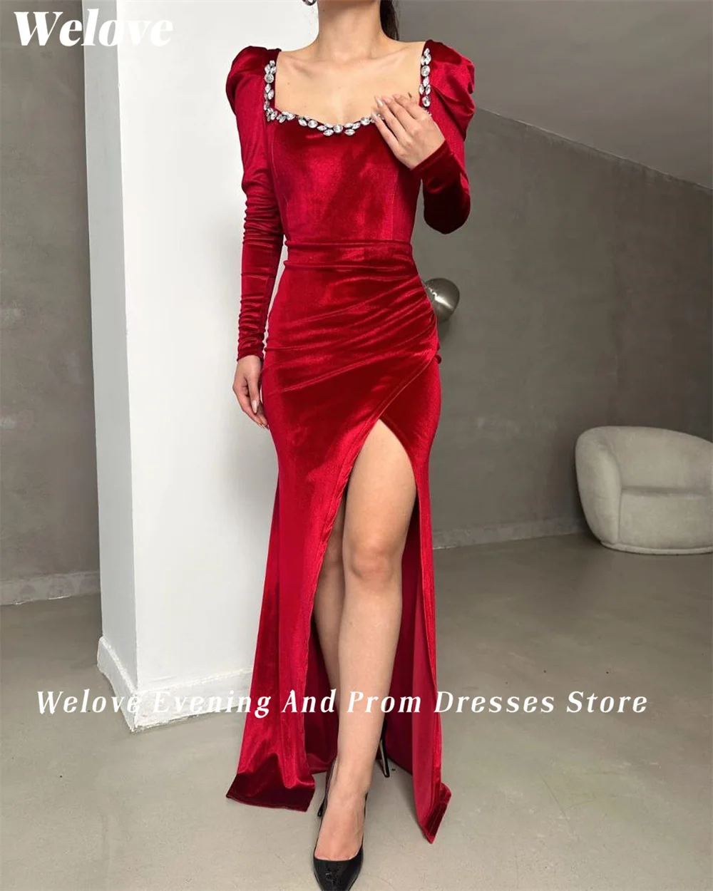 Welove-Vestidos de Noche Sexy hasta el suelo, sirena con abertura alta, ocasiones formales, vestidos de manga abullonada para baile de graduación