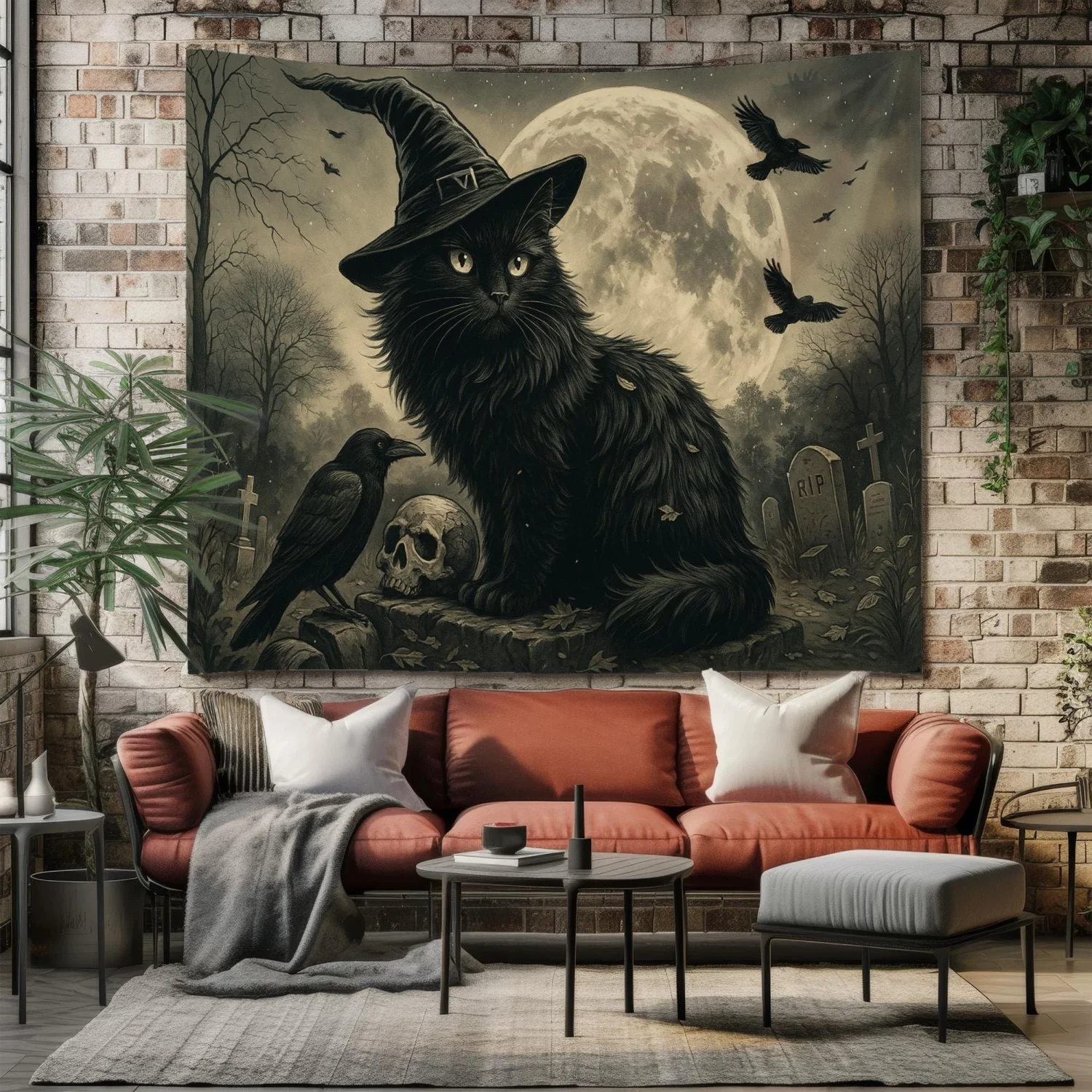 Witch Cat Tapestry,Gothic Halloween Wall Hanging,Black Cat and Crow Art,Witchy Full Moon Decor,Dark Fantasy Occult Tapestry