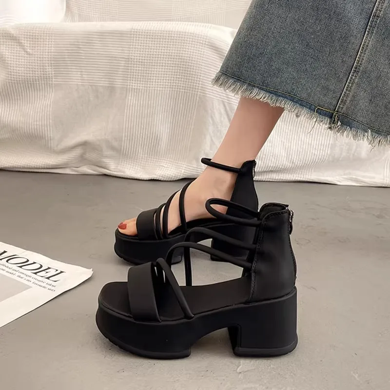 

Solid Color High Heels Sandals for Women 2026 Summer New Zipper Thick-soled Shoes French Style Temperament Outing Sandals