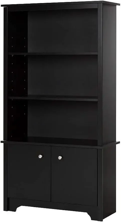 Versatile Tall 3-Shelf Bookcase with 2 Doors, Pure Black with Bold Lines and Metal Knobs,Modern & Clean Style