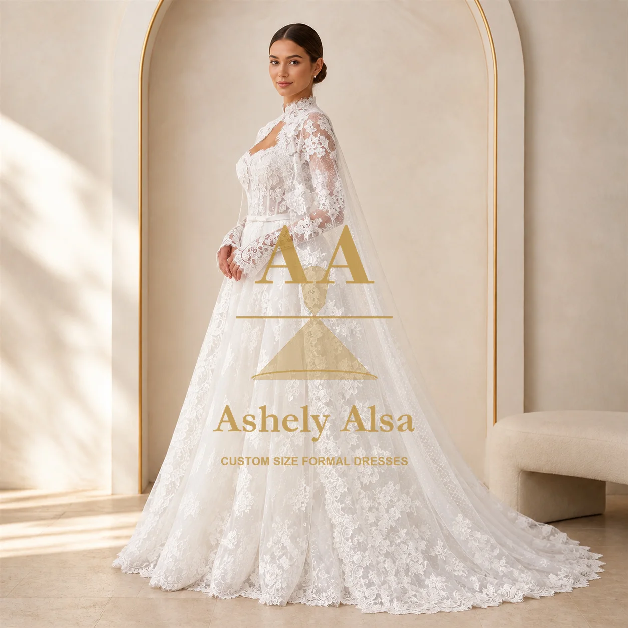 White Wedding Dress High Neck Lace Long Sleeve Bridal Gown with Cape Wedding Ceremony Bridal Gown Made to Measure Custom Size