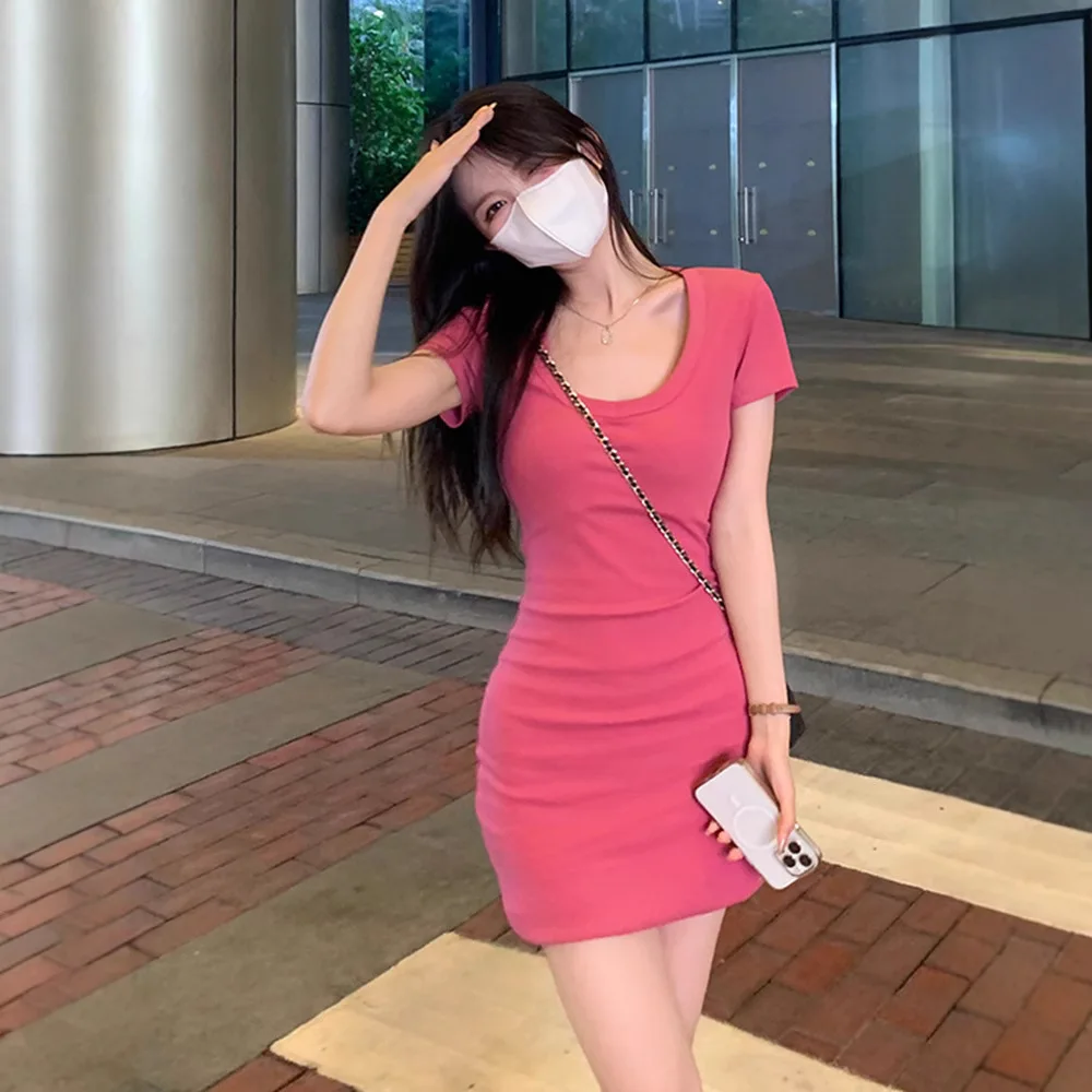 Pink Cute Sexy Mini Dress Women Slim Skinny Low Out Korean Fashion Y2K Vintage Party Short Dresses Women Beach Cheap Clothes