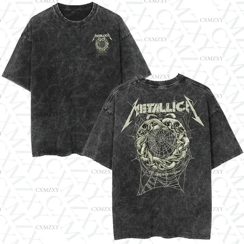 

Metal lICA band print old washed American retro men's loose short-sleeved T-shirt