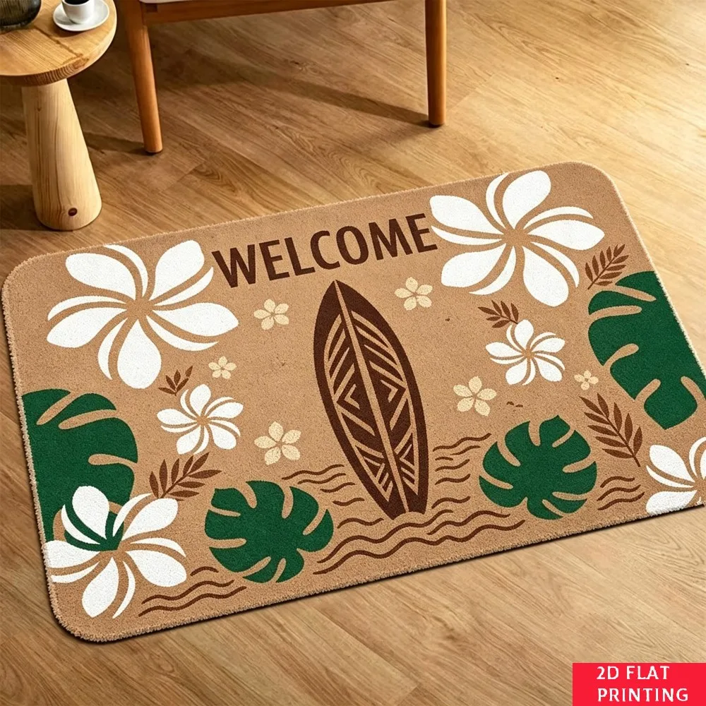 Surfboard Hibiscus Welcome Mat Tan Base White Flower Green Leaf Print Non Slip Outdoor Porch Rug For Beach Theme Home Entrance