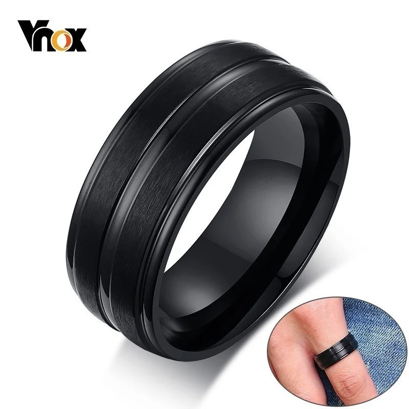 Vnox Basic Mens 8MM Black Wedding Rings Thin Line Stainless Steel anel masculino Bands Gifts for Him