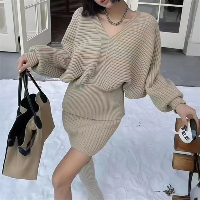 لطيف الرياح جو الخامس الرقبة محبوك قميص المرأة الخريف والشتاء مجموعة جديدة الخصر Cinching والتخسيس قطعتين مجموعة #1